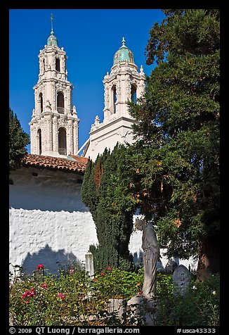Bell towers of the Basilica seen from the Garden, Mission San Francisco de Asis. San Francisco, California, USA