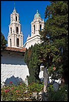 Bell towers of the Basilica seen from the Garden, Mission San Francisco de Asis. San Francisco, California, USA (color)