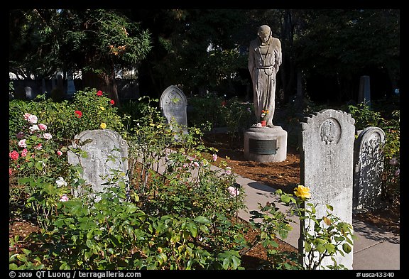 Gravestones and statue, Mission Dolores. San Francisco, California, USA
