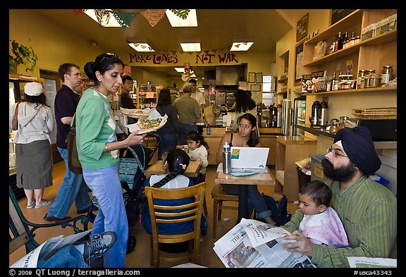 Inside pizzaria with Make love not war inscription, Haight-Ashbury district. San Francisco, California, USA (color)