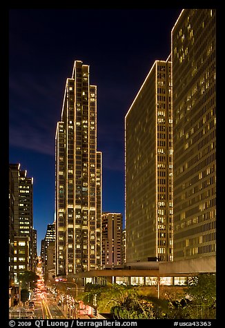 Embarcadero Center high-rises with Christmas illuminations. San Francisco, California, USA