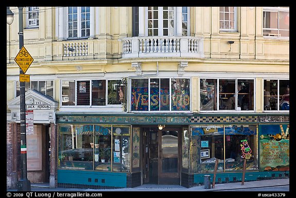 Vesuvio cafe and Jack Kerouac street sign, North Beach. San Francisco, California, USA (color)