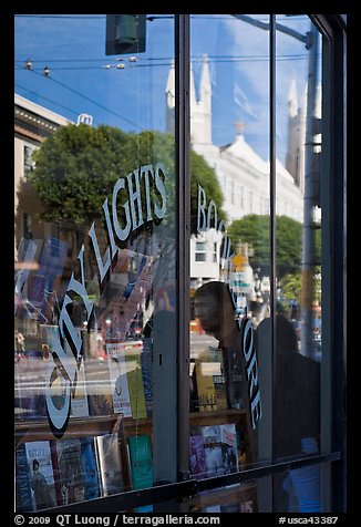 City Light Bookstore glass with church reflections, North Beach. San Francisco, California, USA