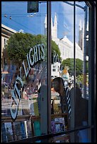 City Light Bookstore glass with church reflections, North Beach. San Francisco, California, USA (color)