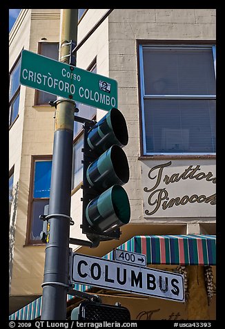 Traffic light and signs, Little Italy, North Beach. San Francisco, California, USA (color)