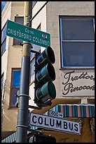 Traffic light and signs, Little Italy, North Beach. San Francisco, California, USA