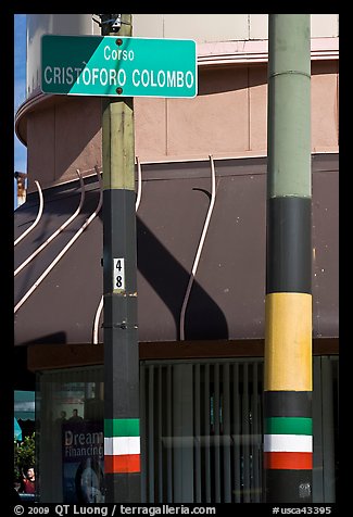 Italian flags painted on lamp posts and name of street in Italian, Little Italy, North Beach. San Francisco, California, USA