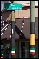 Italian flags painted on lamp posts and name of street in Italian, Little Italy, North Beach. San Francisco, California, USA (color)