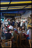 Outdoor terrace of seafood restaurant, Fishermans wharf. San Francisco, California, USA