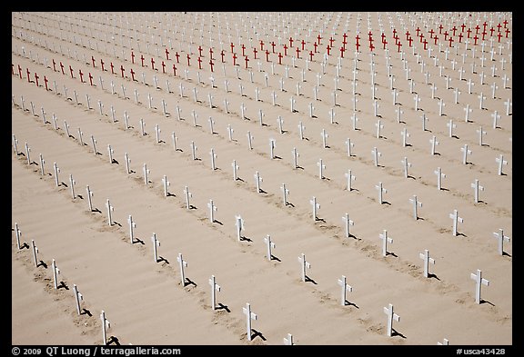 Sea of white and red crosses on Santa Monica beach. Santa Monica, Los Angeles, California, USA