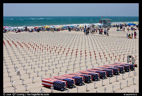 Arlington West Iraq war memorial, Santa Monica beach. Santa Monica, Los Angeles, California, USA (color)