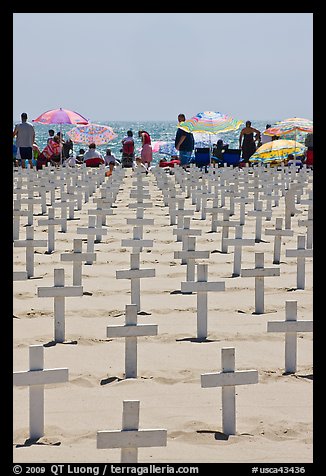 Crosses and beach unbrellas. Santa Monica, Los Angeles, California, USA