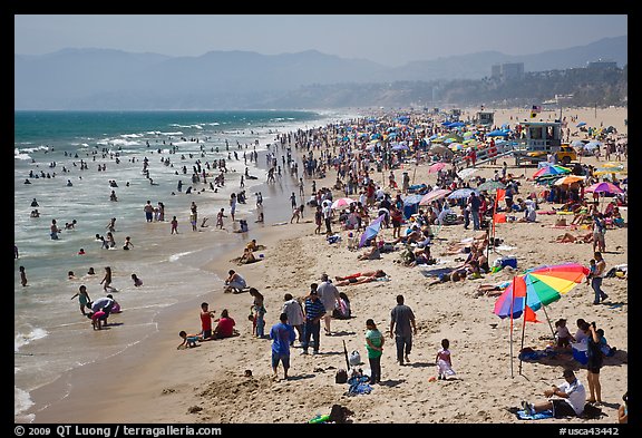 Crowded beach in summer. Santa Monica, Los Angeles, California, USA (color)