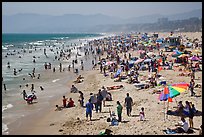 Crowded beach in summer. Santa Monica, Los Angeles, California, USA