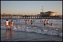 Beach shore and Santa Monica Pier, late afternoon. Santa Monica, Los Angeles, California, USA (color)