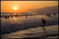 Sunset on beach shore, Santa Monica Beach. Santa Monica, Los Angeles, California, USA