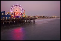 Ferris Wheel and beach at dusk, Santa Monica Pier. Santa Monica, Los Angeles, California, USA (color)