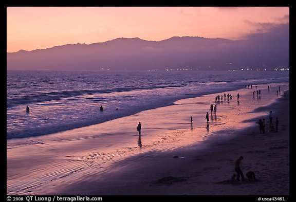 Beach and Santa Monica Mountains at sunset. Santa Monica, Los Angeles, California, USA (color)