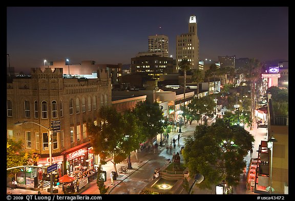 Night view from above of Third Street Promenade. Santa Monica, Los Angeles, California, USA