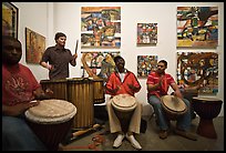 Alan Tarbell, his artworks, and African drums that inspired him, Bergamot Station. Santa Monica, Los Angeles, California, USA (color)