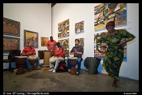 African drums and dance inside art gallery, Bergamot Station. Santa Monica, Los Angeles, California, USA (color)