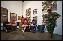 African drums and dance inside art gallery, Bergamot Station. Santa Monica, Los Angeles, California, USA