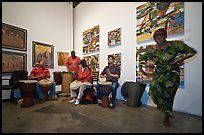 African drums and dance inside art gallery, Bergamot Station. Santa Monica, Los Angeles, California, USA (color)