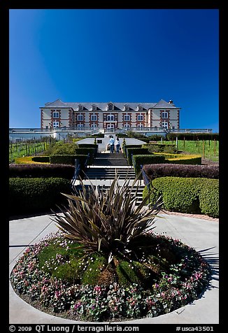 Domain Carneros winery with couple walking upstairs. Napa Valley, California, USA (color)