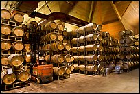 Winery barrel room and forklift. Napa Valley, California, USA