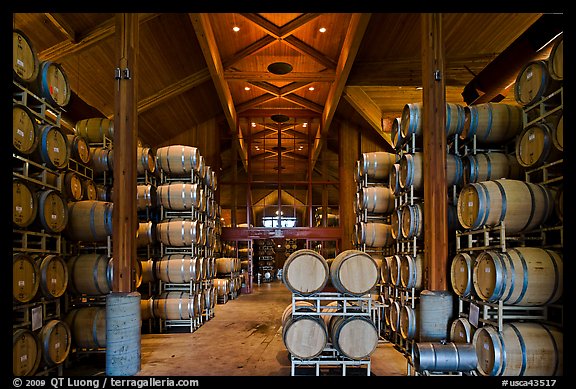 Large room filled with barrels of wine. Napa Valley, California, USA