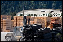 Lumber and forklift, Pacific Lumber Company, Scotia. California, USA (color)
