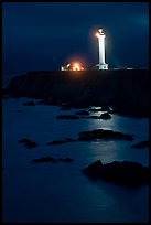 Lighthouse and reflection in surf at night, Point Arena. California, USA