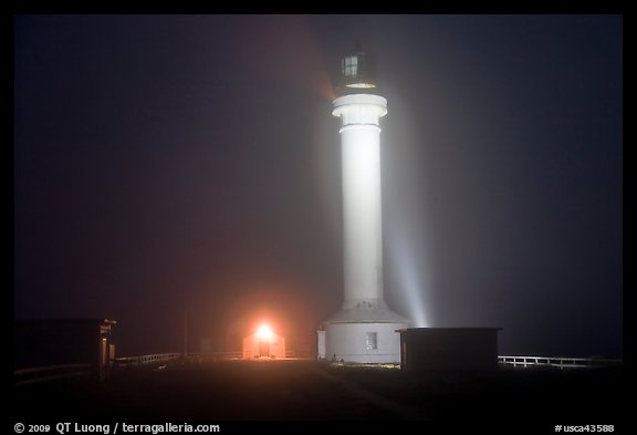 Fog and Point Arena Lighthouse by night. California, USA (color)
