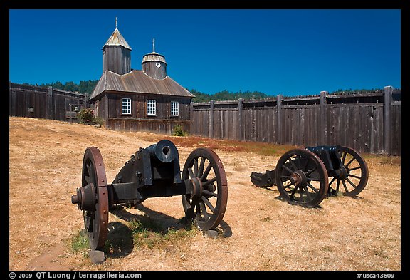Cannons and chapel, Fort Ross Historical State Park. Sonoma Coast, California, USA
