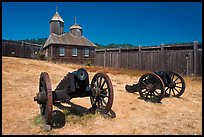 Cannons and chapel, Fort Ross Historical State Park. Sonoma Coast, California, USA (color)