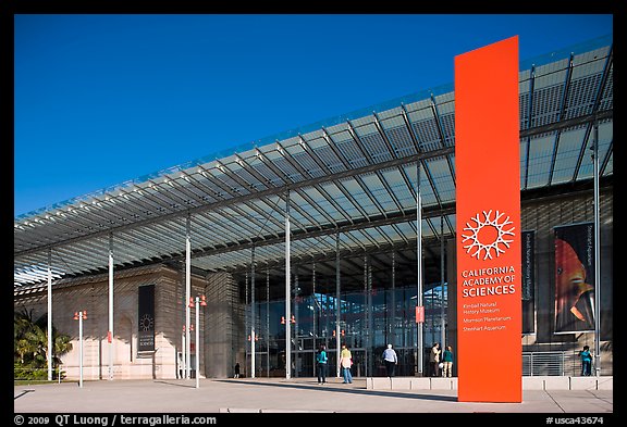 Facade and sign, California Academy of Sciences, Golden Gate Park. San Francisco, California, USA (color)