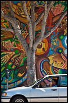 Man smoking in car, tree, and mural, Mission District. San Francisco, California, USA