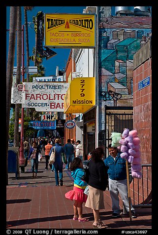 Mission street sidewalk, Mission District. San Francisco, California, USA