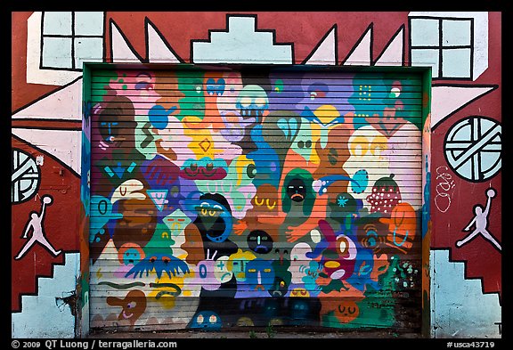 Painted garage door, Mission District. San Francisco, California, USA (color)