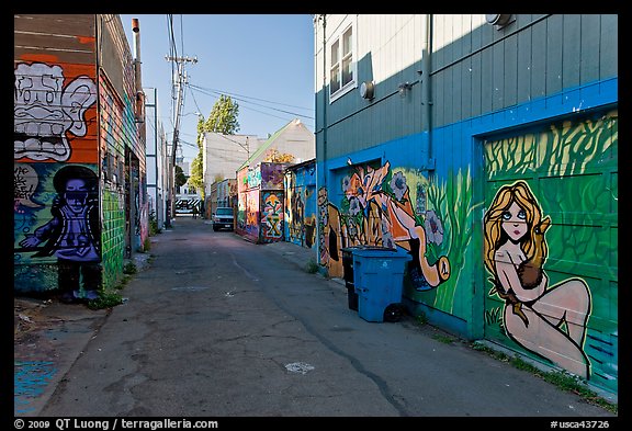 Alley (Lilac) with many murals and decorated garage doors, Mission District. San Francisco, California, USA (color)