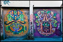 Two painted garage doors, Mission District. San Francisco, California, USA (color)