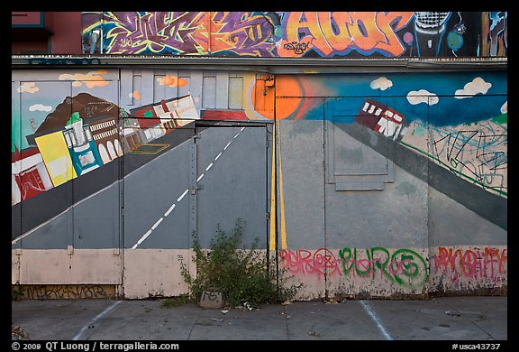 Floor and garage door with painted road, Mission District. San Francisco, California, USA (color)