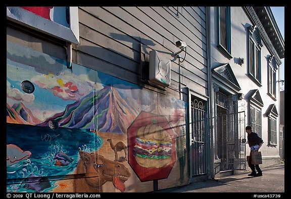 Mural and man entering house with grocery bags, Mission District. San Francisco, California, USA