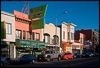 Shops, Mission Street, late afternoon, Mission District. San Francisco, California, USA