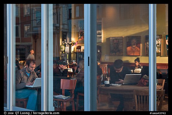 Cafe seen through windows, Mission District. San Francisco, California, USA