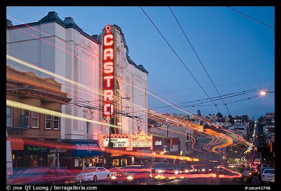 Traffic blurs and Castro Theater at dusk. San Francisco, California, USA