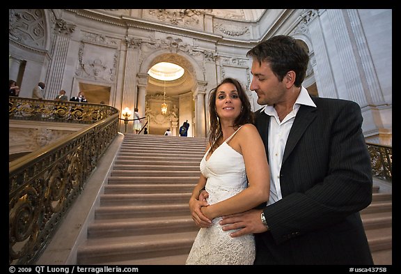 Bride and groom posing before wedding ceremony. San Francisco, California, USA (color)