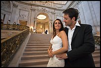 Bride and groom posing before wedding ceremony. San Francisco, California, USA