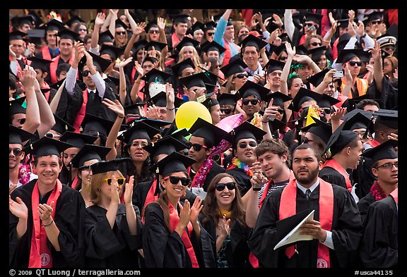 Graduating students wave to family and friends, commencement. Stanford University, California, USA (color)