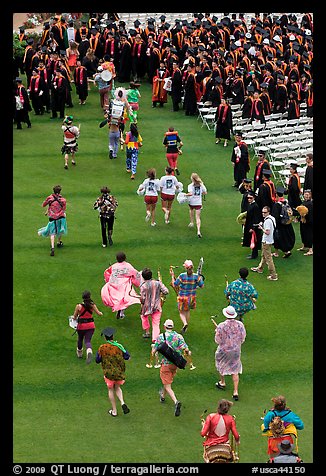 Band members run at the end of commencement ceremony. Stanford University, California, USA (color)